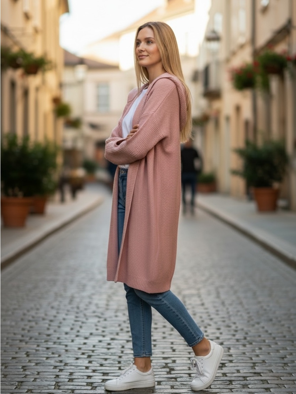 Long Open-Front Knit Cardigan Sweater - Pink/Blush